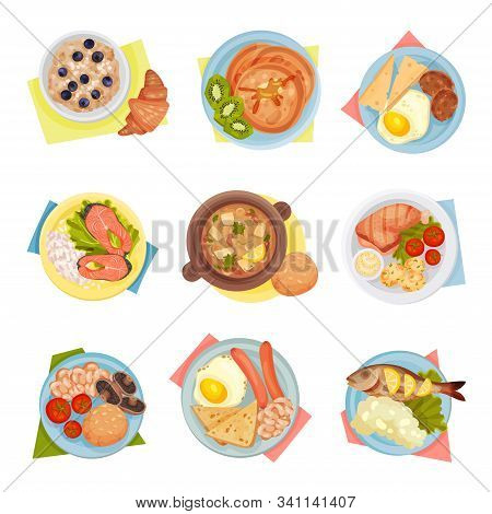 Different Dishes Served On Plates Top Viewed Vector Set