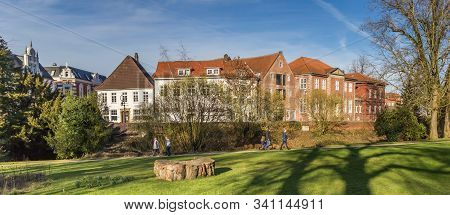 Jever, Germany - February 24, 2019: Panorama Of The Castle Garden And Historic Buildings In Jever, G