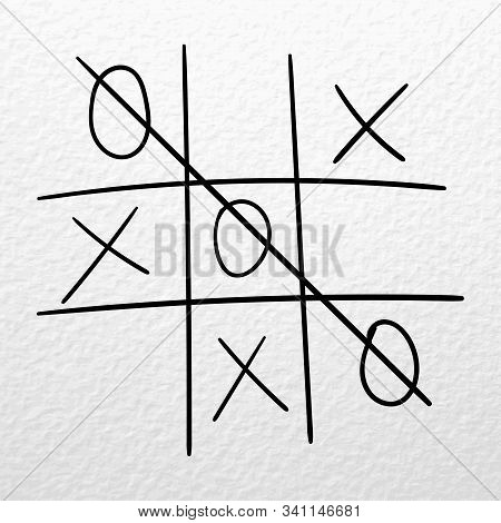 Tic Tac Toe Vector Hand Drawn Game On A White Paper. Zero Wins