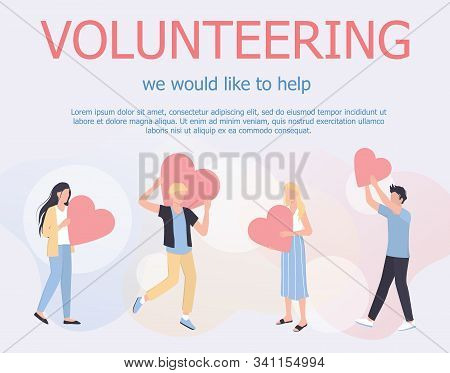 Volunteering Web Banner Concept. Team Of Volunteers Help People,