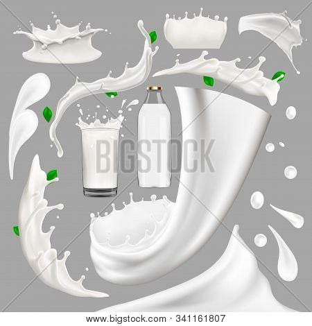 Whole Milk Yogurt And Cream Big Splash Set, Pouring And Splashing 3d Vector Realistic Illustration, 