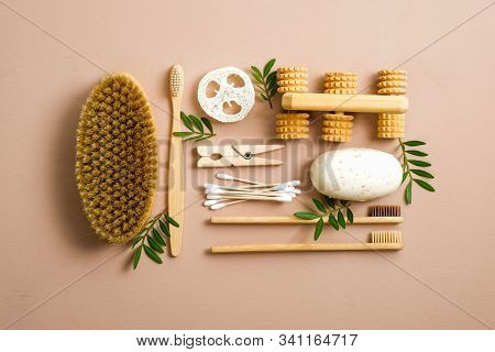 Set Of Zero Waste Bathroom Items. Flat Lay Eco Natural Bamboo Toothbrushes, Bath Brush, Luffa Sponge