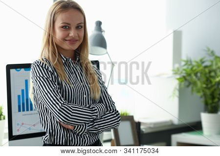 Portrait Of Presentable Young Woman Posing With Crossed Arms In Private Office. Happy Smiling Ceo Ma