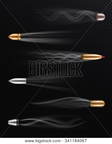 Realistic Flying Bullet. Fired Bullets In Motion With Smoke Trace, Shoot Trails, Dangerous Shooting 