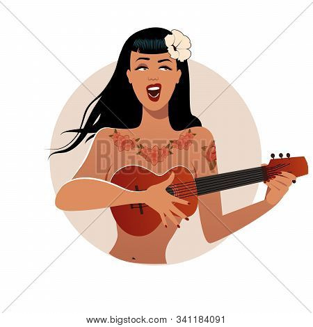 Sexy And Tattooed Pinup Girl Singing And Playing Ukelele. Cartoon Retro Style Isolated On White Back