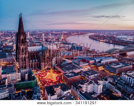 Cologne Germany Christmas Market, Aerial Drone View Over Cologne Rhine River Germany
