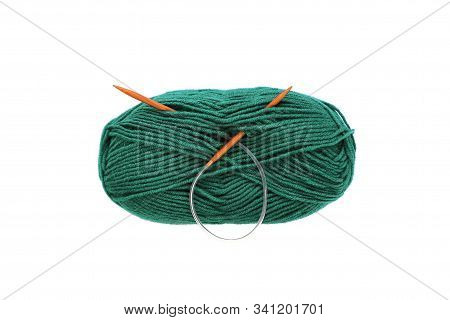 Yarn Skein For Hand Knitting And Crochet On White Background Isolated. Ball Of Soft Wool With Needle