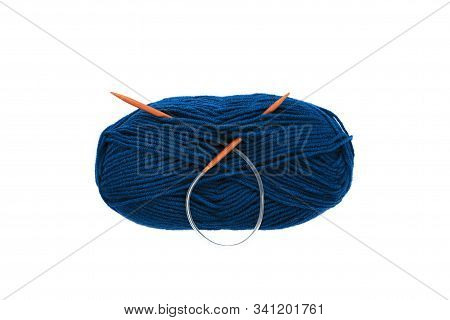 Yarn Skein For Hand Knitting And Crochet On White Background Isolated. Ball Of Soft Wool With Needle
