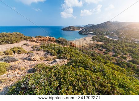 Aerial View On Beautiful Vai Palm Beach At Eastern Part Of Crete Island. Afternoon Foto. Greece Euro