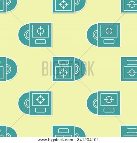 Green Cd Or Dvd Disk In Box Icon Isolated Seamless Pattern On Yellow Background. Compact Disc Sign. 