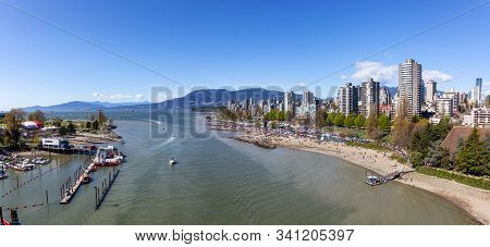 Downtown Vancouver, British Columbia, Canada - April 20, 2019: Aerial View Of Crowd Of People Gather