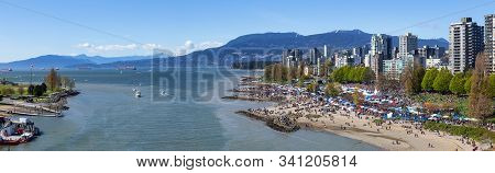 Downtown Vancouver, British Columbia, Canada - April 20, 2019: Aerial View Of Crowd Of People Gather