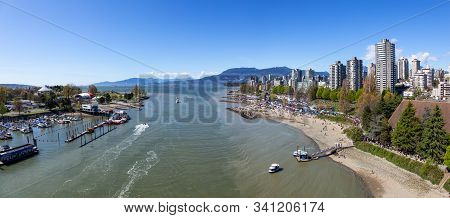 Downtown Vancouver, British Columbia, Canada - April 20, 2019: Aerial View Of Crowd Of People Gather