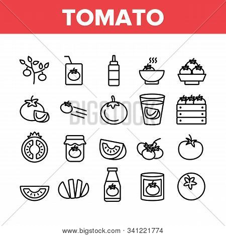 Tomato Vegetarian Food Collection Icons Set Vector Thin Line. Tomato Ketchup And Juice In Glass, Veg