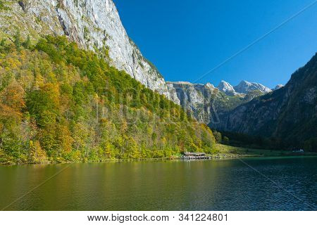 Reflection Of Hills In Koenigsee, Autumn Time In Bavaria
