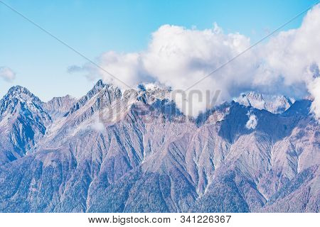 Caucasus Mountains At Sunset Time. Sochi. Russia.