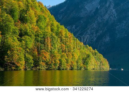 Reflection Of Hills In Koenigsee, Autumn Time In Bavaria