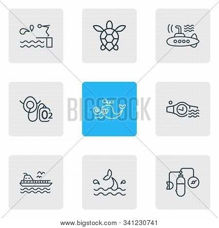 Illustration Of 9 Marine Icons Line Style. Editable Set Of Oxygen Balloons, Cetacean, Diving Board A