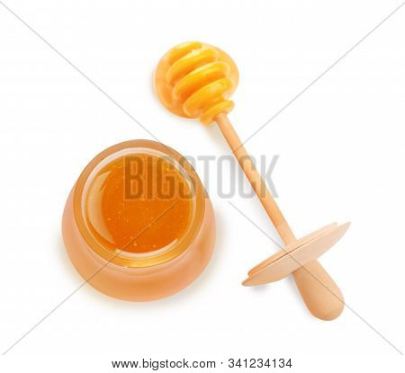 Jar Of Organic Honey And Dipper Isolated On White, Top View