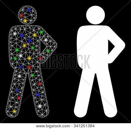 Glossy Mesh Audacity Pose Icon With Glare Effect. Abstract Illuminated Model Of Audacity Pose. Shiny