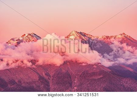 Caucasus Mountains At Sunset Time. Sochi. Russia.