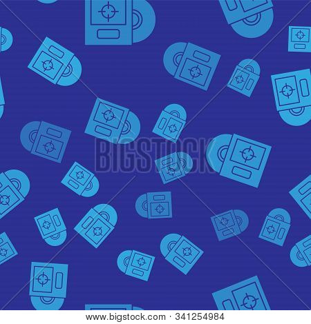 Blue Cd Or Dvd Disk In Box Icon Isolated Seamless Pattern On Blue Background. Compact Disc Sign. Vec