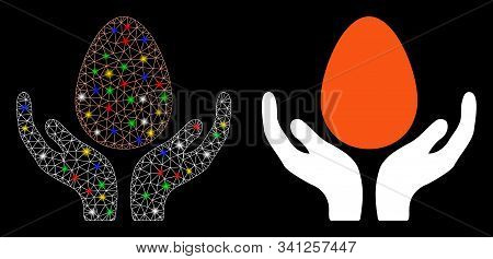 Glossy Mesh Egg Incubator Hands Icon With Glow Effect. Abstract Illuminated Model Of Egg Incubator H