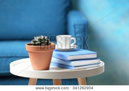 Beautiful Succulent And Books On White Table Indoors. Home Plant