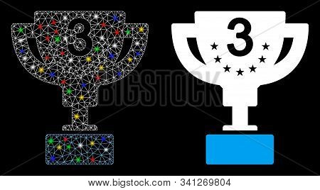 Bright Mesh Third Prize Cup Icon With Glitter Effect. Abstract Illuminated Model Of Third Prize Cup.