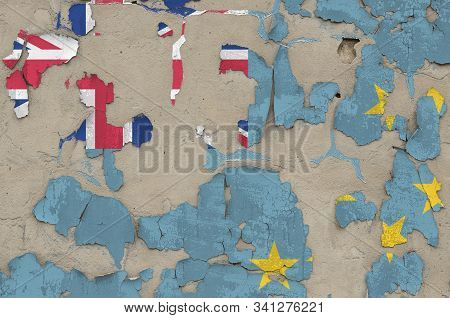 Tuvalu Flag Depicted In Paint Colors On Old Obsolete Messy Concrete Wall Closeup. Textured Banner On