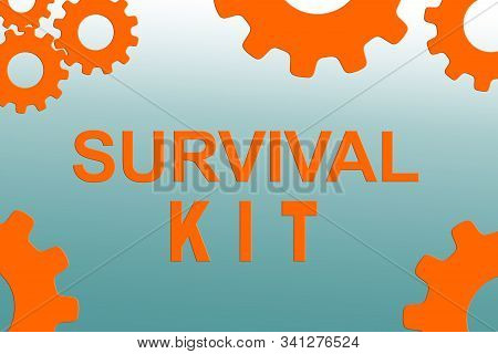 Survival Kit Sign Concept Illustration With Orange Gear Wheel Figures On Pale Blue Gradient
Backgrou