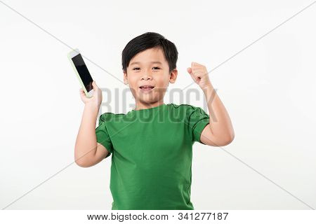 Little Boy Using A Mobile Phone Over White Background, Playing Games, Changing Expressions.