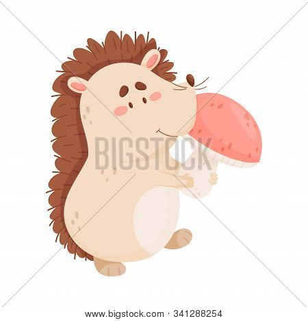 Smiling Hedgehog Character Holding Mushroom Vector Illustration