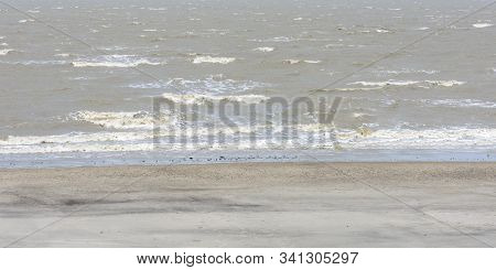 Landscape Scenery Of Empty Sand Sea Beach And Bay Of Wave Water. Tropical Holiday Backdrop Backgroun