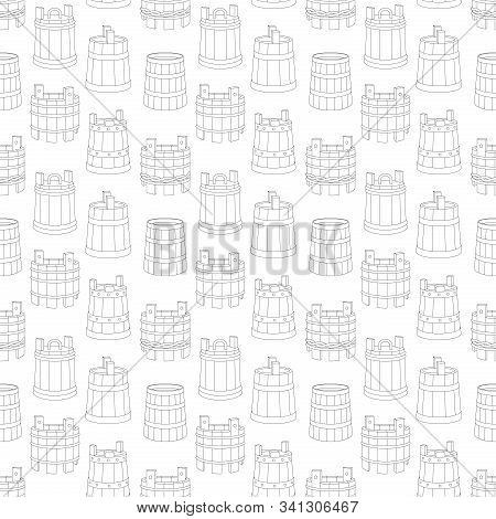 Seamless Vector Pattern With Wooden Tub On White Background. Line Art Vector Illustration. Can Be Us