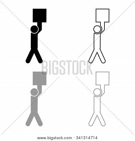 Man Carries Load In His Arms Above Himself Stick Work On Delivery Parcel Icon Outline Set Black Grey