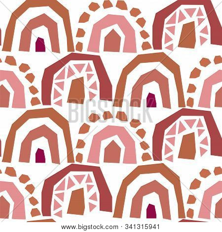 Rainbow Cut Out Paper Abstract Modern Shapes Seamless Pattern. Rouge Brown Repeat Background For Wra