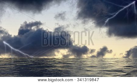 Lightning Strikes On The Sea Surface In Stormy Sea In The Atlantic Ocean