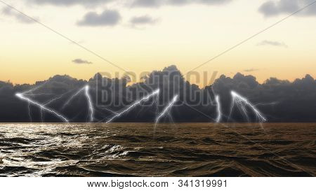 Lightning Strikes On The Sea Surface In Stormy Sea In The Atlantic Ocean