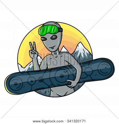 Alien With A Snowboard On The Background Of Mountains.