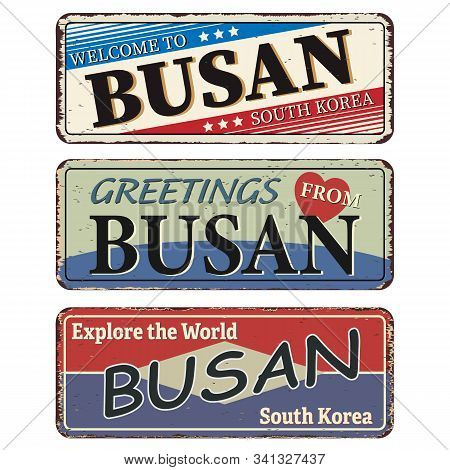 Busan Blue Square Grunge Welcome To Rusty Metal Signs Set