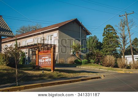 Gramado, Brazil - July 21, 2019. Entrance With Garden And Signboard From Villa Da Neve Guesthouse In