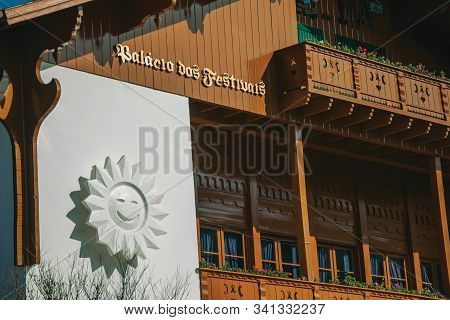 Gramado, Brazil - July 21, 2019. Detail Of Charming Facade From Festivals Palace With The Symbol Of 