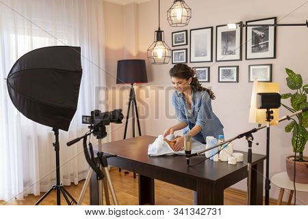 Female Vlogger Making Video About Wiping And Drying Newborn Baby After Bathing, Gently Drying Baby S
