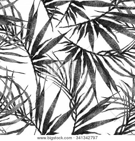 Tropical Seamless Pattern. Watercolor Chaotic Palm Leaves, Japanese Bamboo. Black And White Exotic S