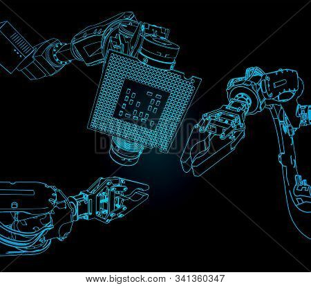 Vector Illustration On The Theme Of Robotics And Integrated Microelectronics. Industrial Robot Holds