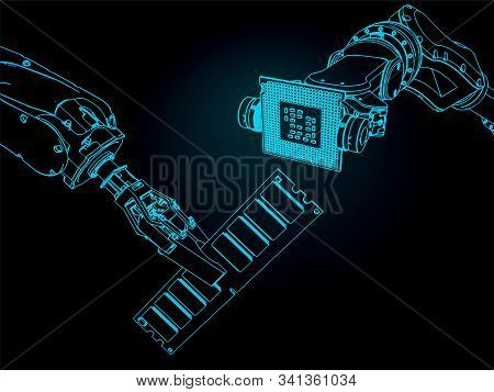 Vector Illustration On The Theme Of Robotics And Integrated Microelectronics. Industrial Robots Hold