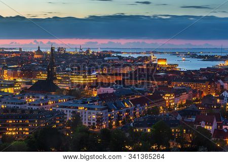 Copenhagen, Denmark- 27 May 2015: Night Panorama Of The Capital City. View Of The Port, Sydhavnen. I