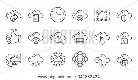 Computer Cloud Icons. Hosting, Computing Data And File Storage. Computer Sync Technology Linear Icon