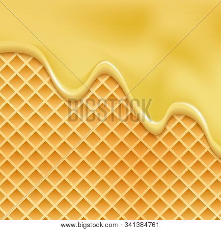 Drip Honey Waffle Caramel Background. Melt Honey Pattern Syrup Cream Wafer